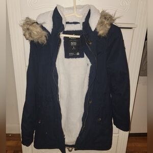 Hollister Navy Parka with Faux Fur Hood